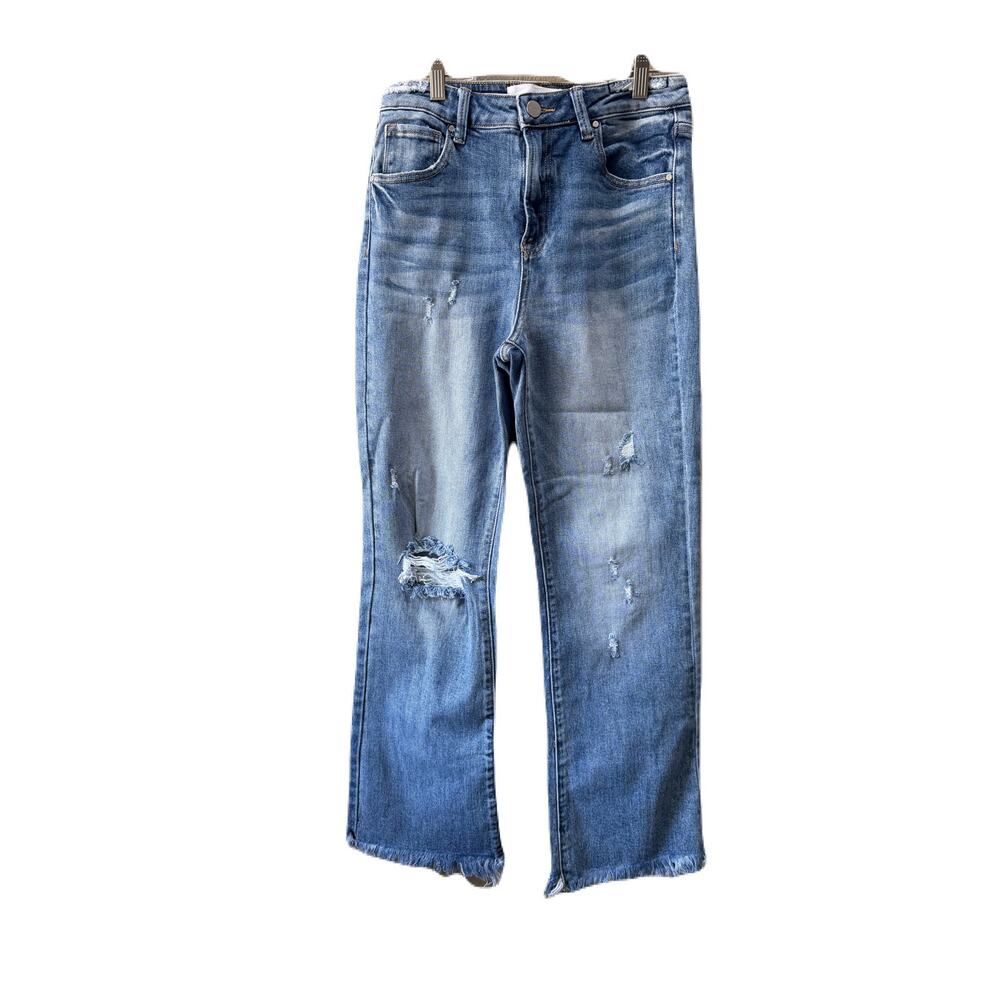 Risen Bootcut Women Distressed Denim Jeans Frayed Hem Med Wash 9/29